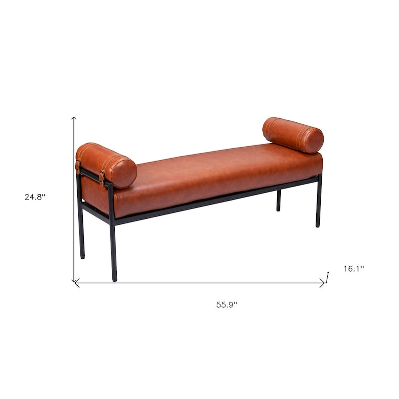 Banc rembourré en similicuir marron HomeRoots 56 po - 55,9 po x 24,8 po x 16,1 po