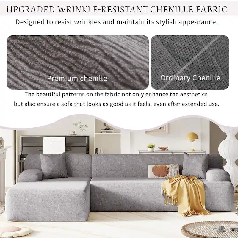 Canapé sectionnel modulaire en polyester en forme de L 111 avec mousse haute densité, assise profonde de 27 et tissu chenille anti-plis