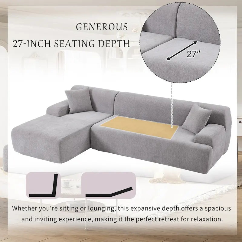 Canapé sectionnel modulaire en polyester en forme de L 111 avec mousse haute densité, assise profonde de 27 et tissu chenille anti-plis