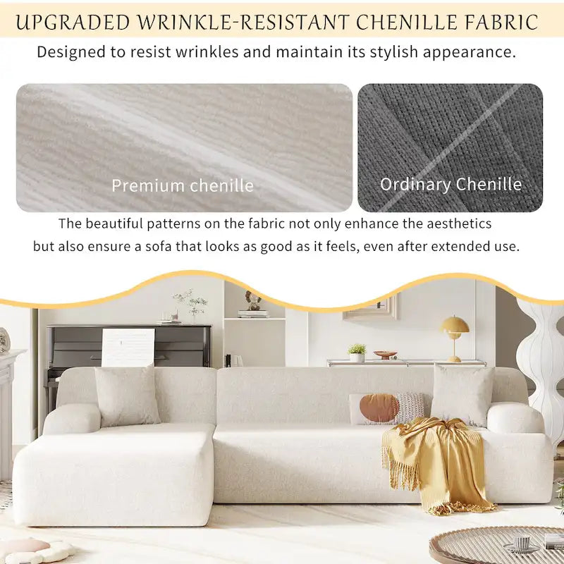 Canapé sectionnel modulaire en polyester en forme de L 111 avec mousse haute densité, assise profonde de 27 et tissu chenille anti-plis