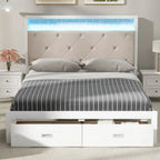 Lit plateforme Queen Size en bois avec tête de lit capitonnée et LED et 2 tiroirs, Blanc antique