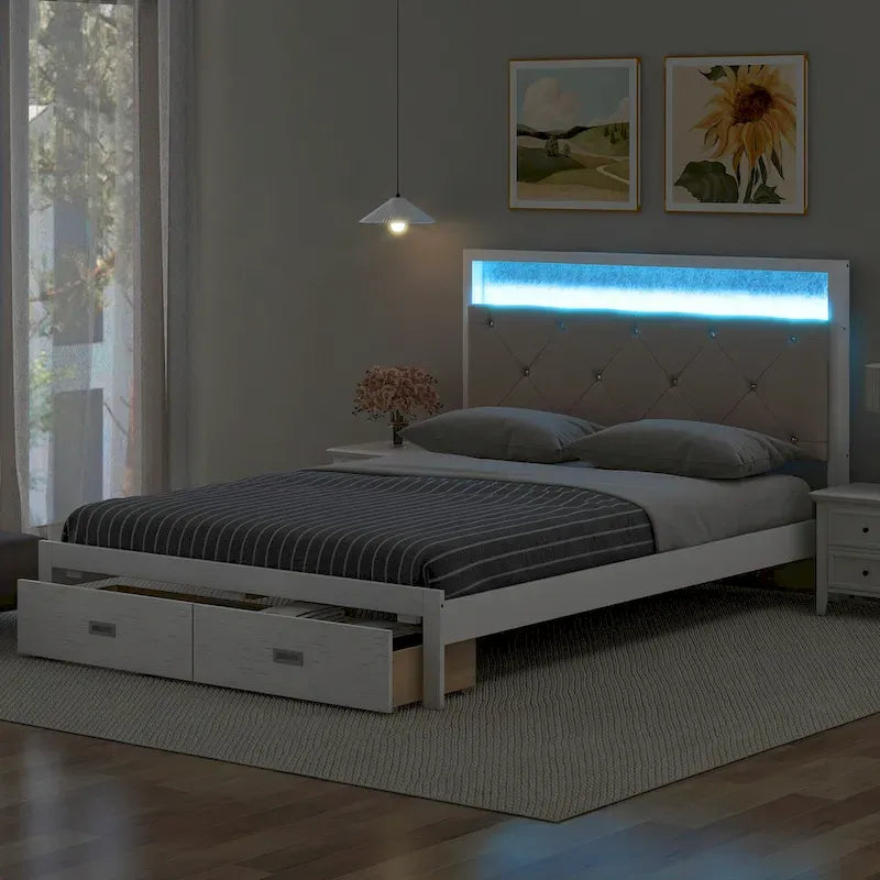 Lit plateforme Queen Size en bois avec tête de lit capitonnée et LED et 2 tiroirs, Blanc antique