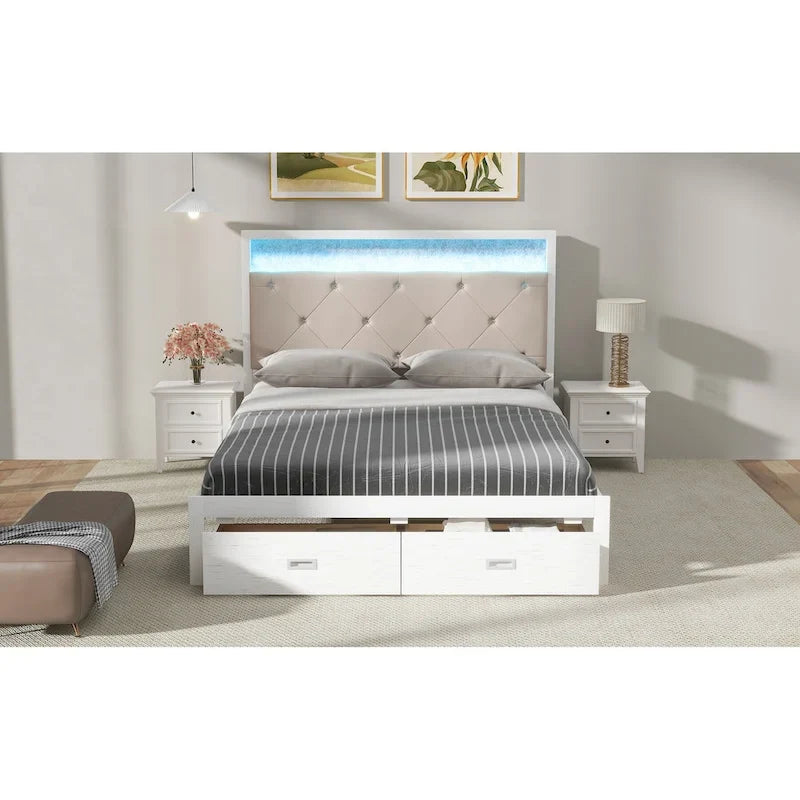 Lit plateforme Queen Size en bois avec tête de lit capitonnée et LED et 2 tiroirs, Blanc antique