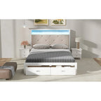 Lit plateforme Queen Size en bois avec tête de lit capitonnée et LED et 2 tiroirs, Blanc antique