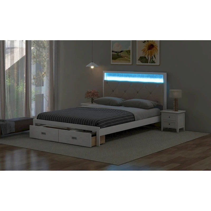 Lit plateforme Queen Size en bois avec tête de lit capitonnée et LED et 2 tiroirs, Blanc antique