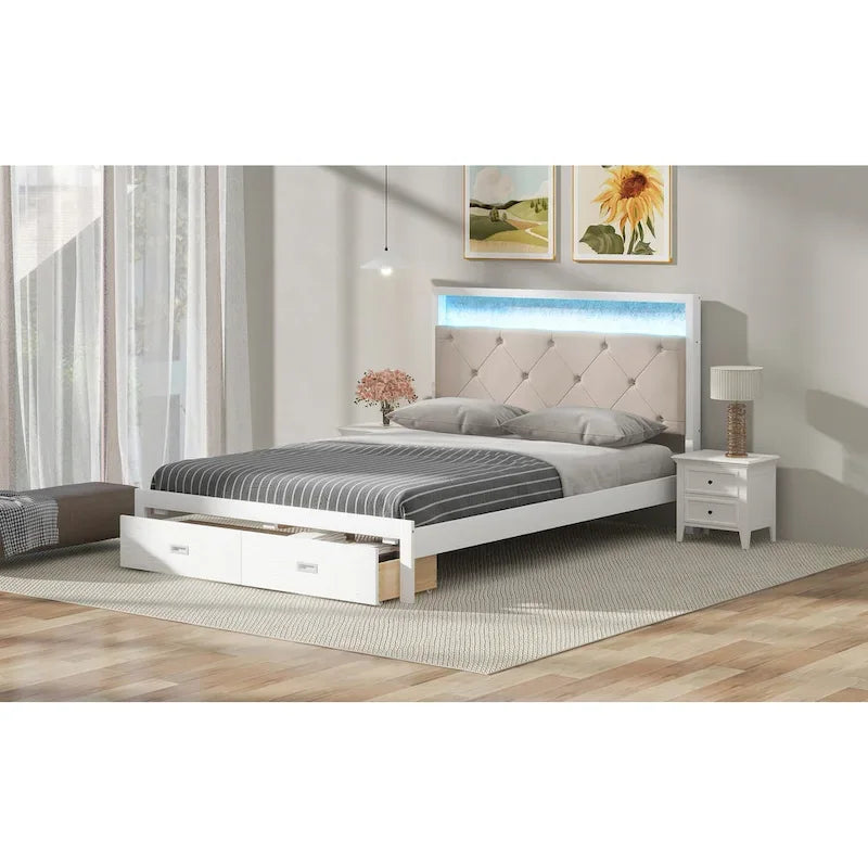 Lit plateforme Queen Size en bois avec tête de lit capitonnée et LED et 2 tiroirs, Blanc antique