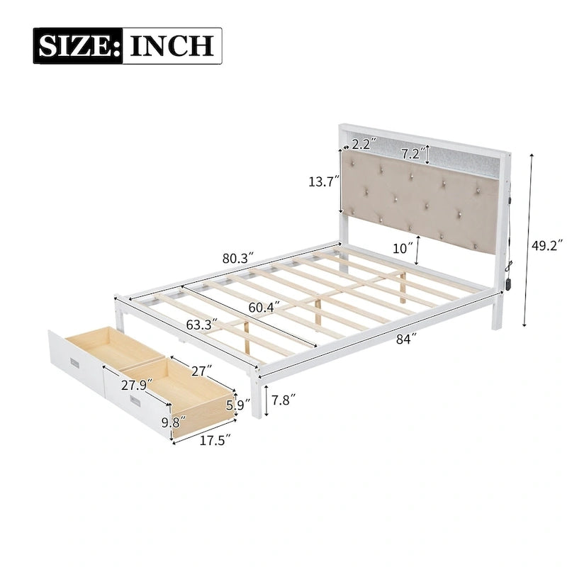 Lit plateforme Queen Size en bois avec tête de lit capitonnée et LED et 2 tiroirs, Blanc antique