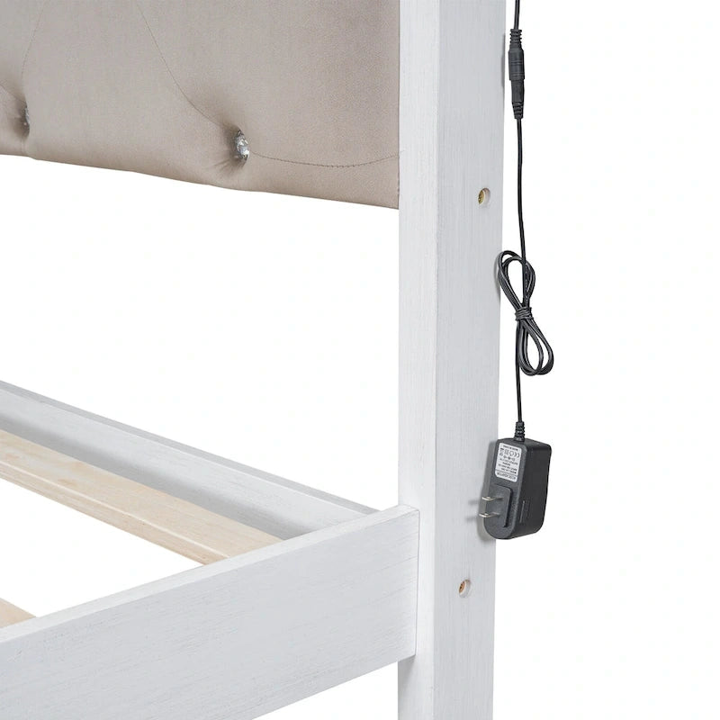 Lit plateforme Queen Size en bois avec tête de lit capitonnée et LED et 2 tiroirs, Blanc antique