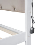 Lit plateforme Queen Size en bois avec tête de lit capitonnée et LED et 2 tiroirs, Blanc antique