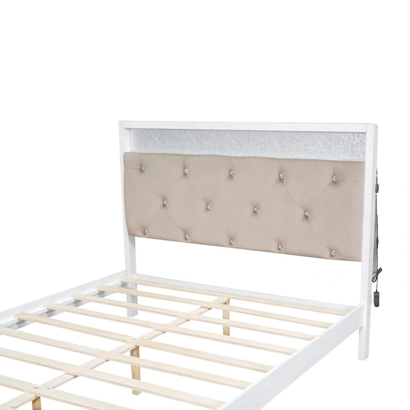 Lit plateforme Queen Size en bois avec tête de lit capitonnée et LED et 2 tiroirs, Blanc antique