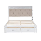 Lit plateforme Queen Size en bois avec tête de lit capitonnée et LED et 2 tiroirs, Blanc antique