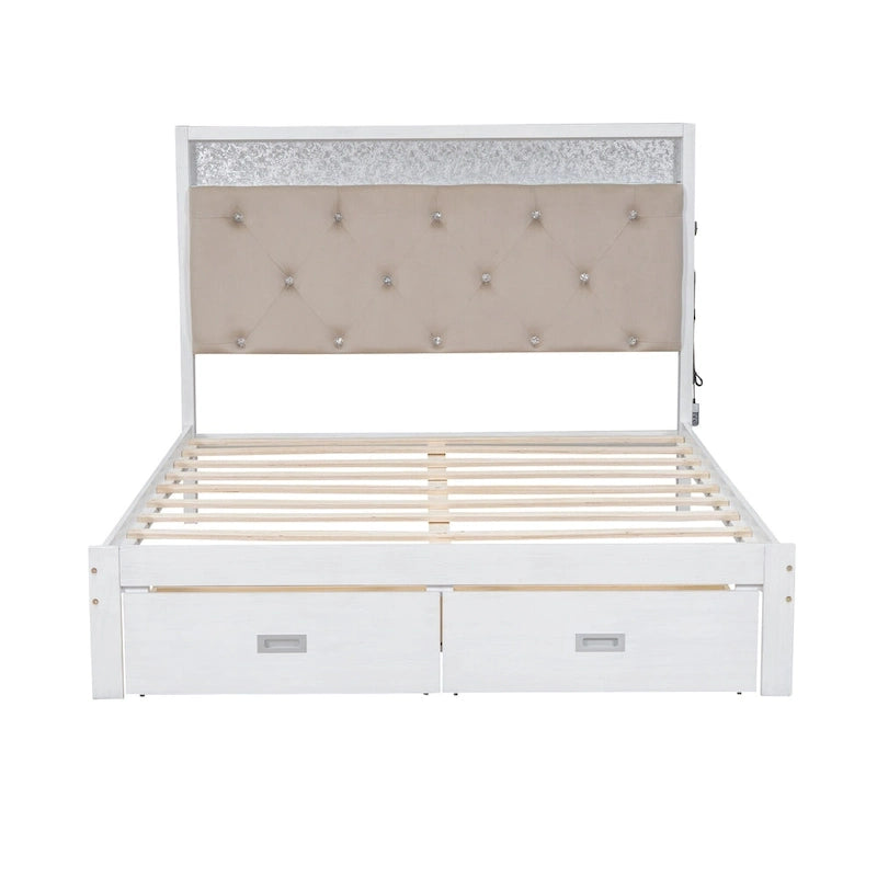 Lit plateforme Queen Size en bois avec tête de lit capitonnée et LED et 2 tiroirs, Blanc antique