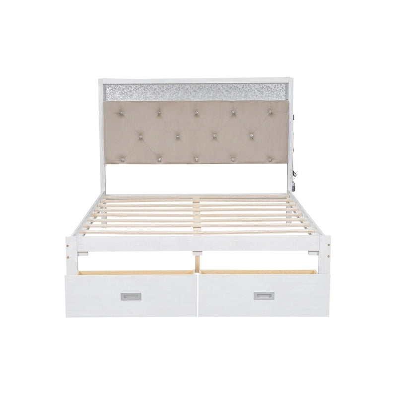 Lit plateforme Queen Size en bois avec tête de lit capitonnée et LED et 2 tiroirs, Blanc antique