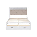 Lit plateforme Queen Size en bois avec tête de lit capitonnée et LED et 2 tiroirs, Blanc antique