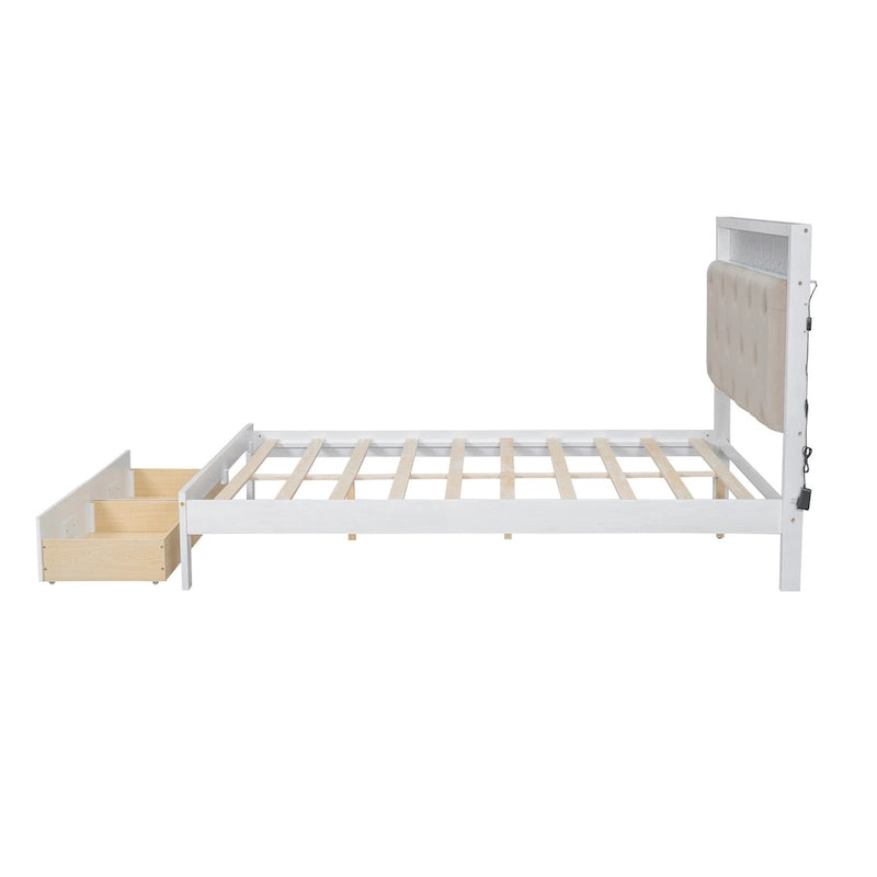 Lit plateforme Queen Size en bois avec tête de lit capitonnée et LED et 2 tiroirs, Blanc antique