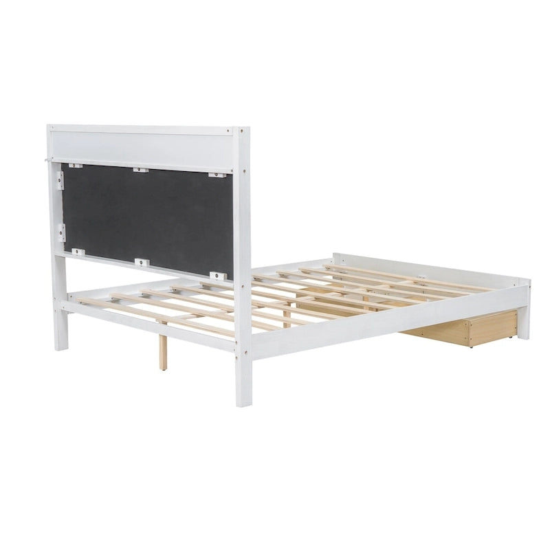 Lit plateforme Queen Size en bois avec tête de lit capitonnée et LED et 2 tiroirs, Blanc antique