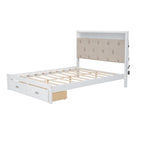 Lit plateforme Queen Size en bois avec tête de lit capitonnée et LED et 2 tiroirs, Blanc antique