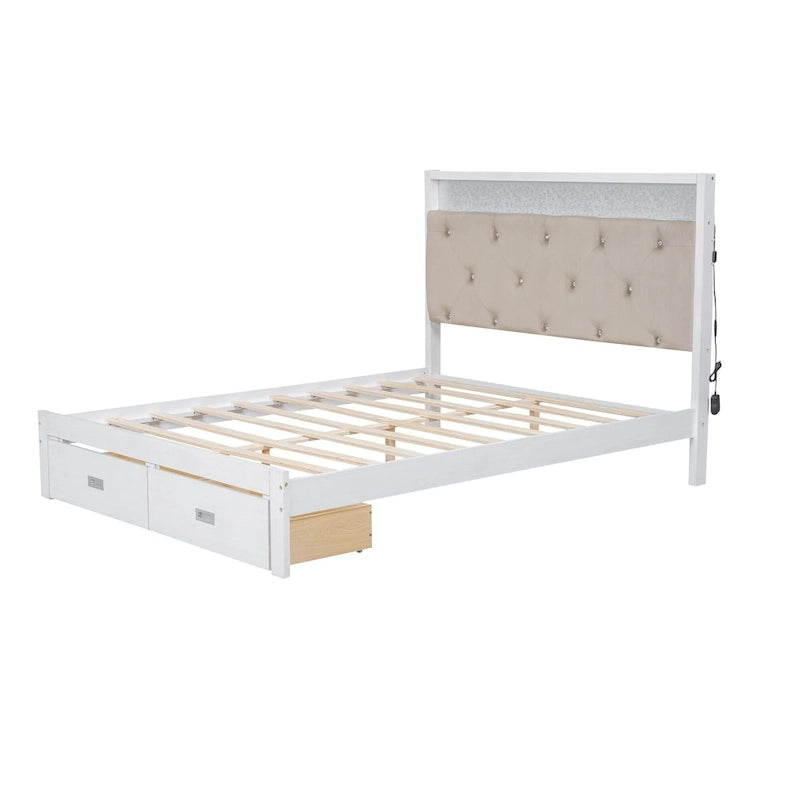 Lit plateforme Queen Size en bois avec tête de lit capitonnée et LED et 2 tiroirs, Blanc antique