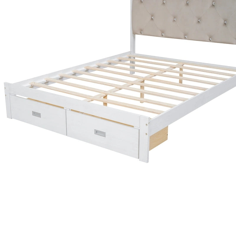 Lit plateforme Queen Size en bois avec tête de lit capitonnée et LED et 2 tiroirs, Blanc antique