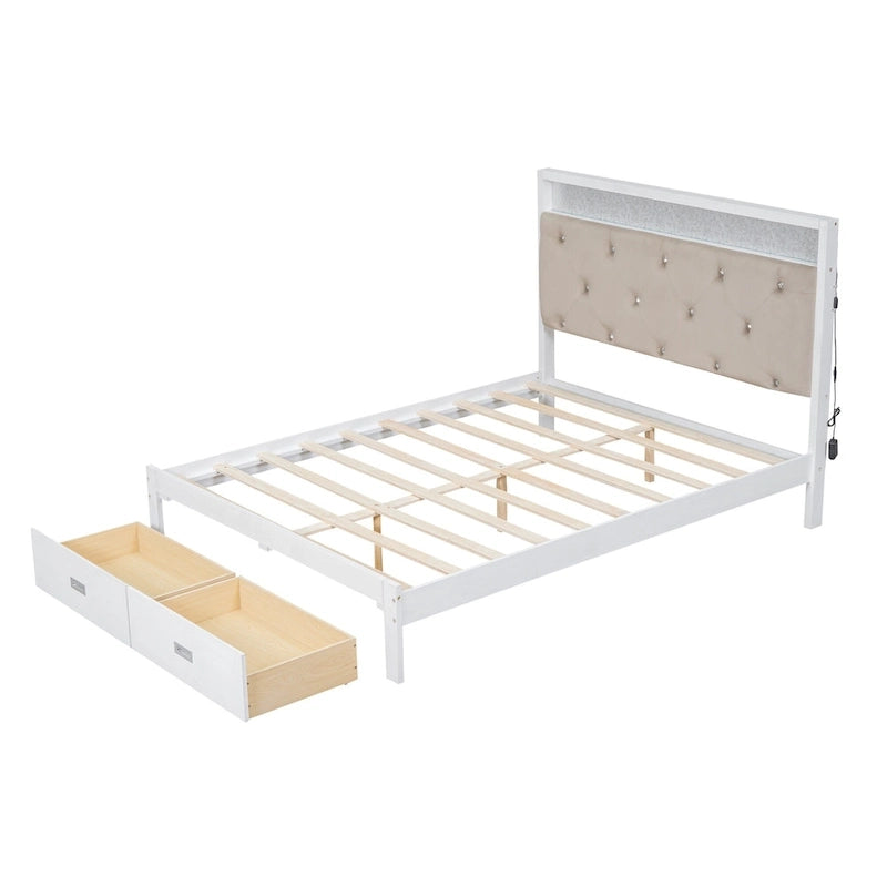 Lit plateforme Queen Size en bois avec tête de lit capitonnée et LED et 2 tiroirs, Blanc antique