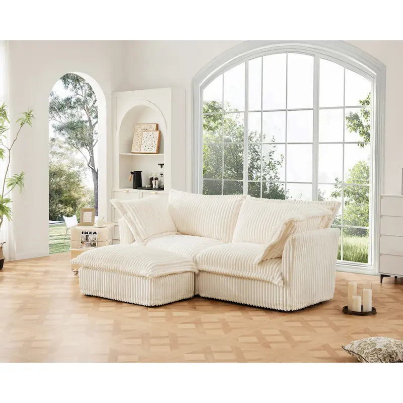 Canapé d'angle en velours côtelé de 2,1 m avec pouf
