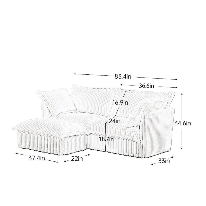 Canapé d'angle en velours côtelé de 2,1 m avec pouf