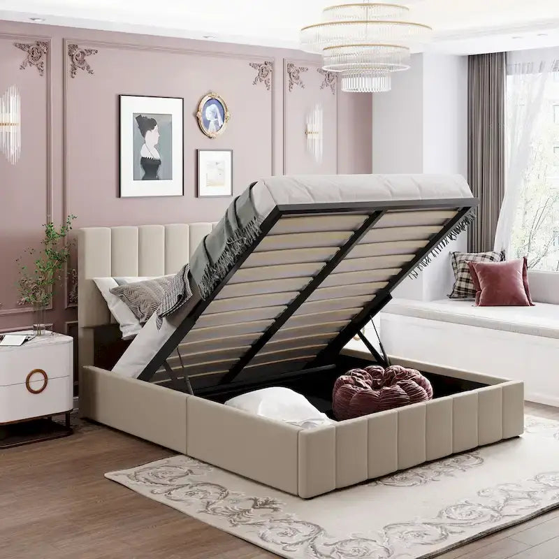 Lit plateforme Queen en lin – Sommier relevable hydraulique avec compartiment caché, cadre en bois de pin massif