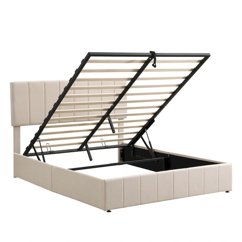 Lit plateforme Queen en lin – Sommier relevable hydraulique avec compartiment caché, cadre en bois de pin massif