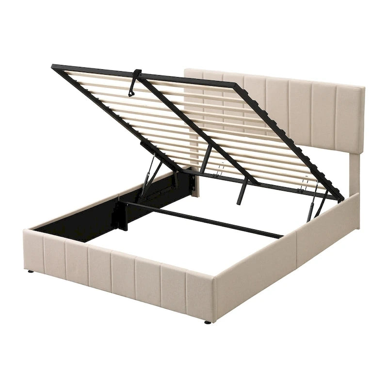 Lit plateforme Queen en lin – Sommier relevable hydraulique avec compartiment caché, cadre en bois de pin massif