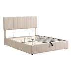 Lit plateforme Queen en lin – Sommier relevable hydraulique avec compartiment caché, cadre en bois de pin massif