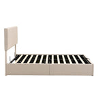 Lit plateforme Queen en lin – Sommier relevable hydraulique avec compartiment caché, cadre en bois de pin massif
