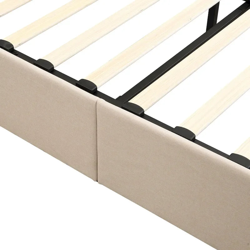 Lit plateforme Queen en lin – Sommier relevable hydraulique avec compartiment caché, cadre en bois de pin massif