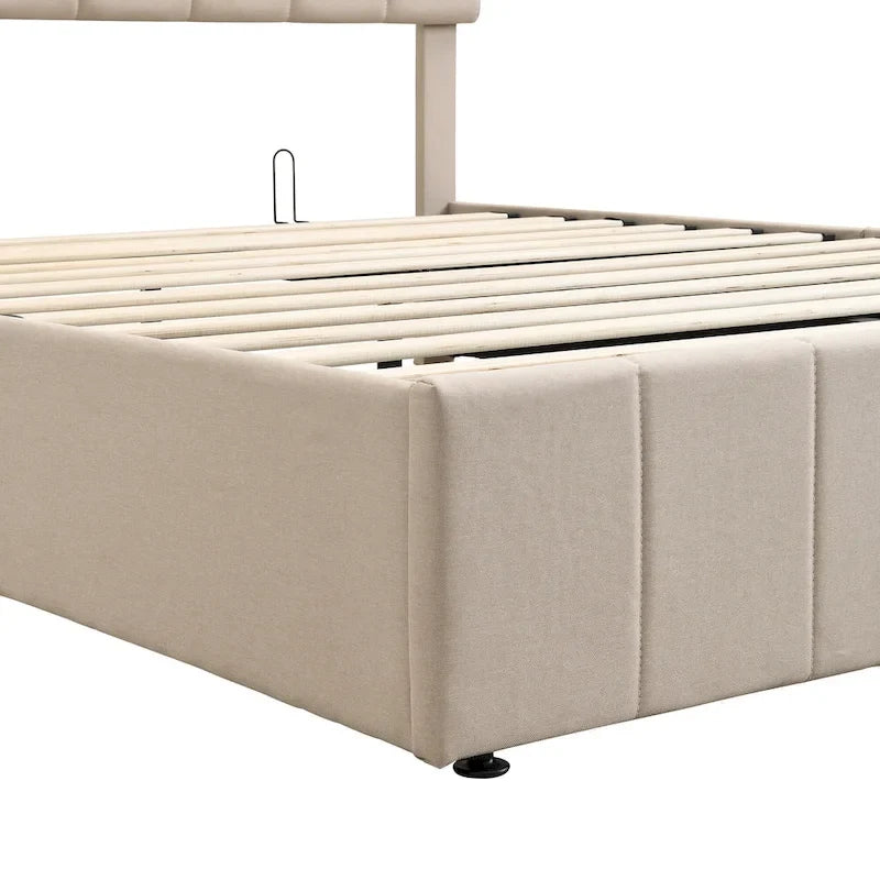 Lit plateforme Queen en lin – Sommier relevable hydraulique avec compartiment caché, cadre en bois de pin massif