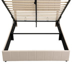 Lit plateforme Queen en lin – Sommier relevable hydraulique avec compartiment caché, cadre en bois de pin massif