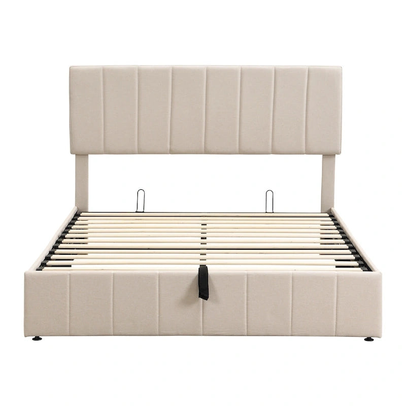 Lit plateforme Queen en lin – Sommier relevable hydraulique avec compartiment caché, cadre en bois de pin massif