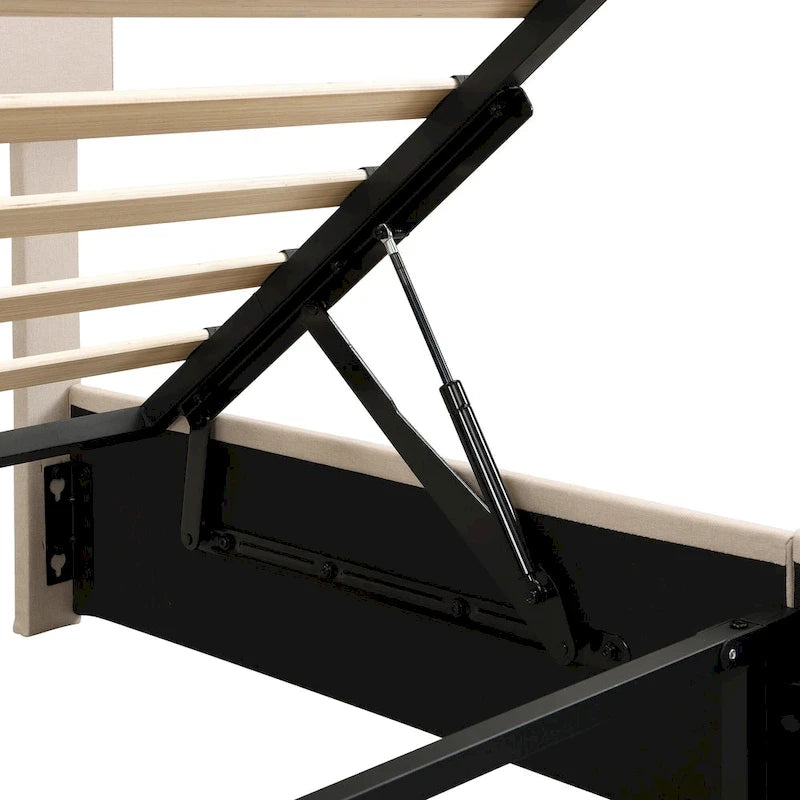 Lit plateforme Queen en lin – Sommier relevable hydraulique avec compartiment caché, cadre en bois de pin massif