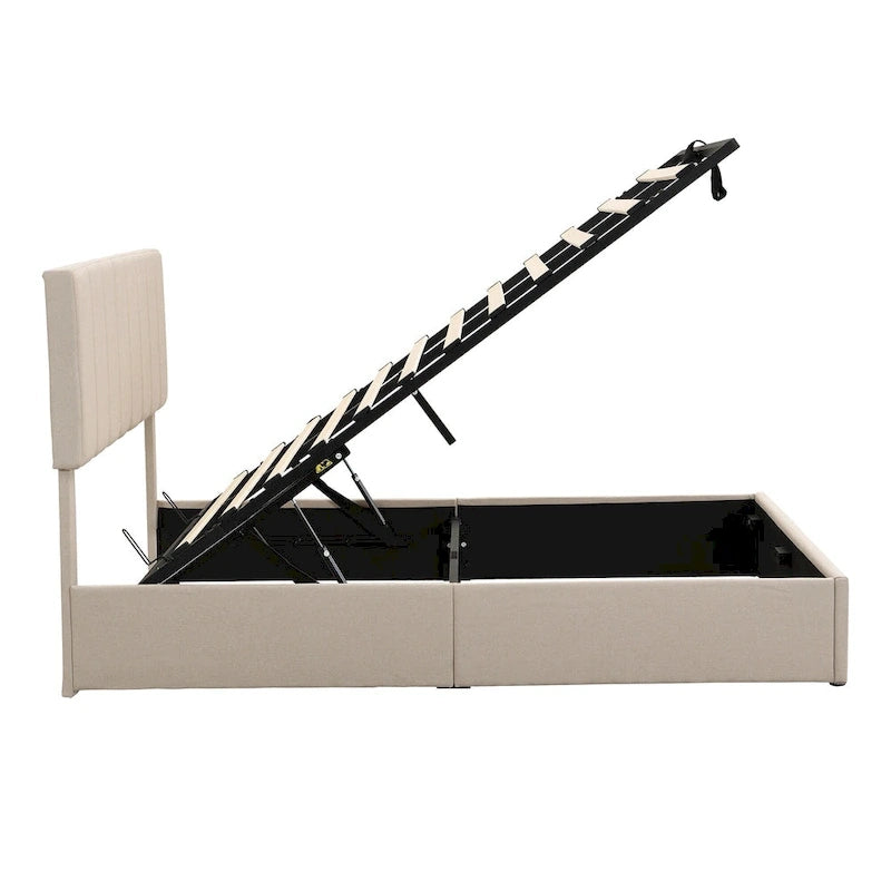 Lit plateforme Queen en lin – Sommier relevable hydraulique avec compartiment caché, cadre en bois de pin massif