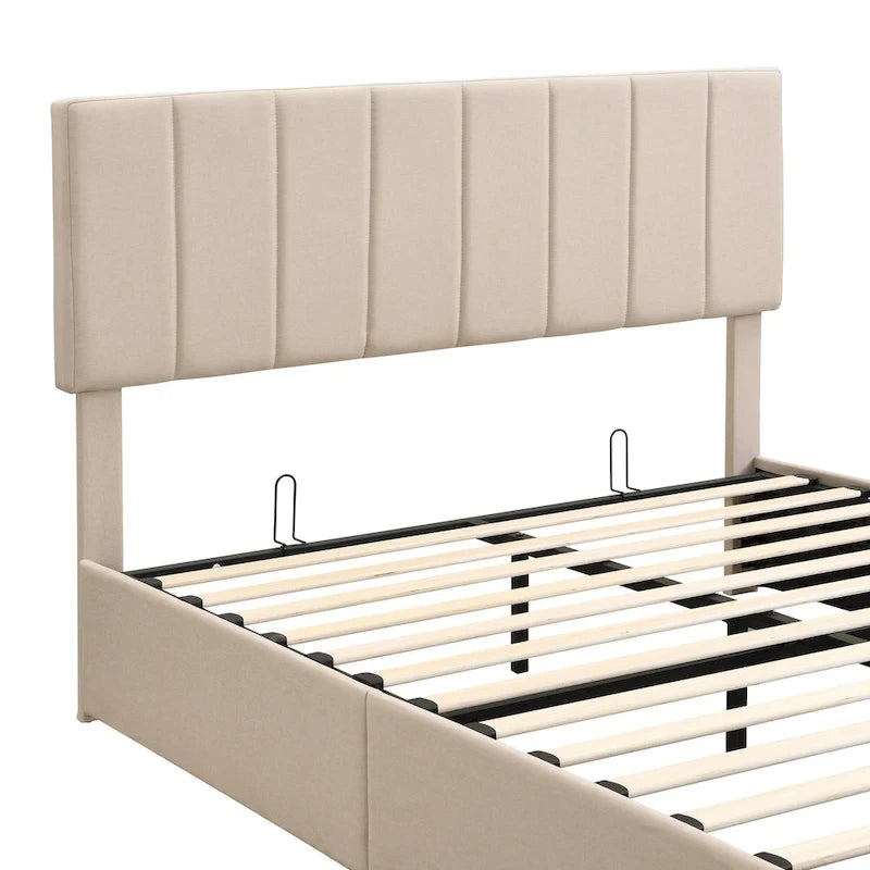 Lit plateforme Queen en lin – Sommier relevable hydraulique avec compartiment caché, cadre en bois de pin massif
