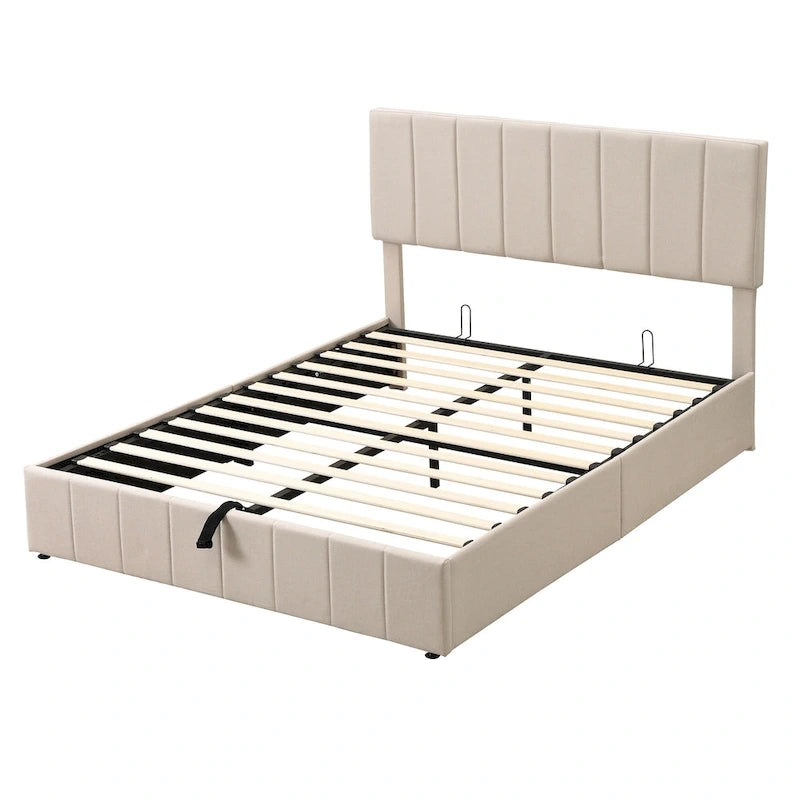 Lit plateforme Queen en lin – Sommier relevable hydraulique avec compartiment caché, cadre en bois de pin massif