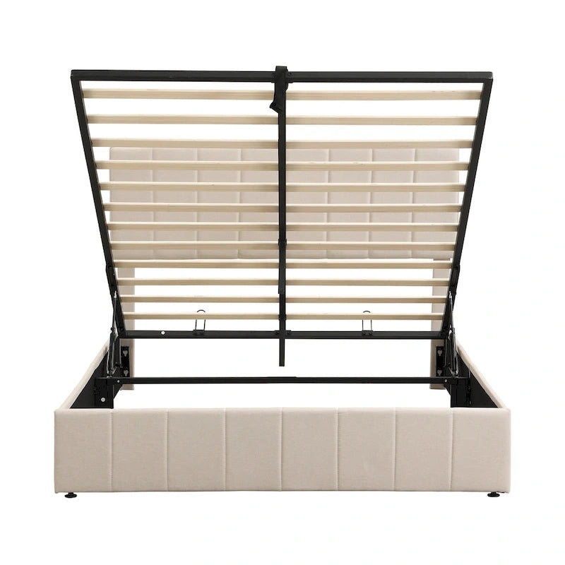 Lit plateforme Queen en lin – Sommier relevable hydraulique avec compartiment caché, cadre en bois de pin massif
