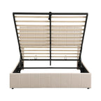 Lit plateforme Queen en lin – Sommier relevable hydraulique avec compartiment caché, cadre en bois de pin massif