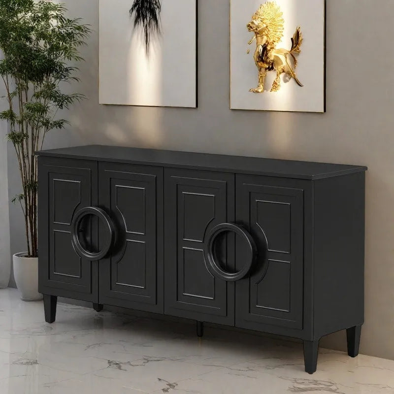Console de 58,9 en MDF avec 4 portes, poignées en anneau et base à 5 pieds