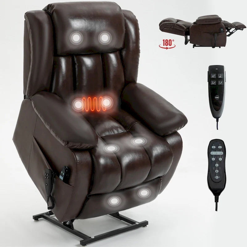 Fauteuil inclinable releveur électrique de taille moyenne en cuir véritable avec deux moteurs, massage 8 points et chauffage lombaire