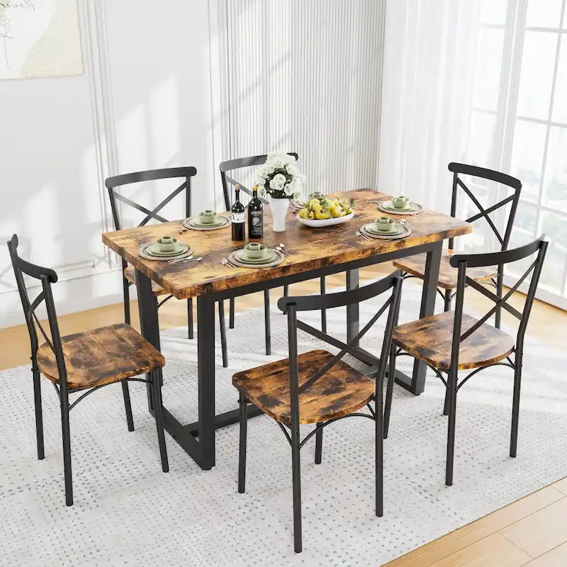Salle à manger 7 pièces de style moderne avec table rectangulaire et 6 chaises à dossier croisé