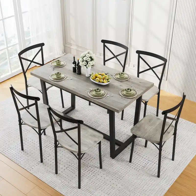 Salle à manger 7 pièces de style moderne avec table rectangulaire et 6 chaises à dossier croisé