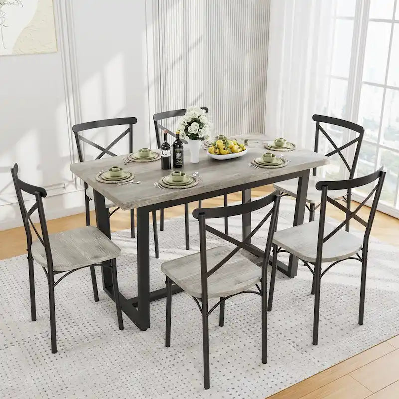Salle à manger 7 pièces de style moderne avec table rectangulaire et 6 chaises à dossier croisé