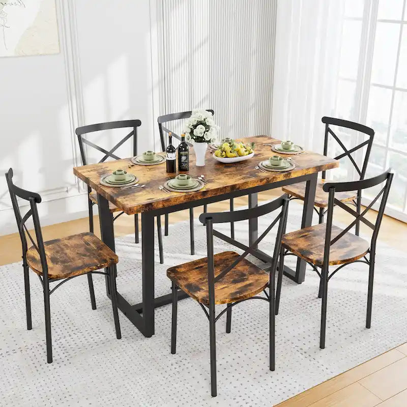 Salle à manger 7 pièces de style moderne avec table rectangulaire et 6 chaises à dossier croisé