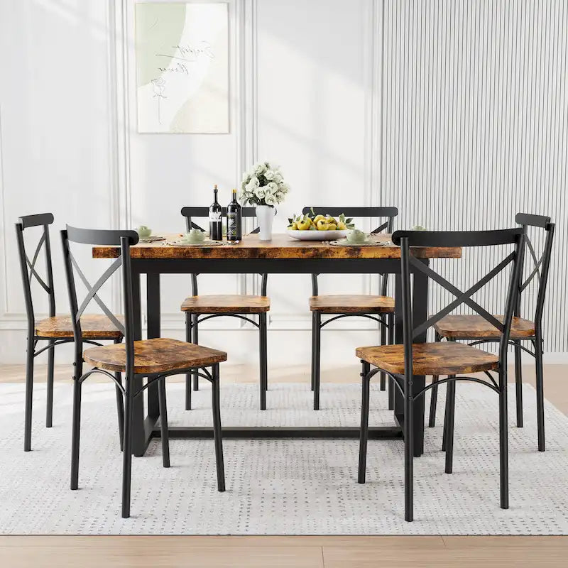 Salle à manger 7 pièces de style moderne avec table rectangulaire et 6 chaises à dossier croisé