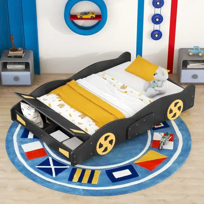 Lit Voiture de Course Entier en Pin avec Roues et Rangement