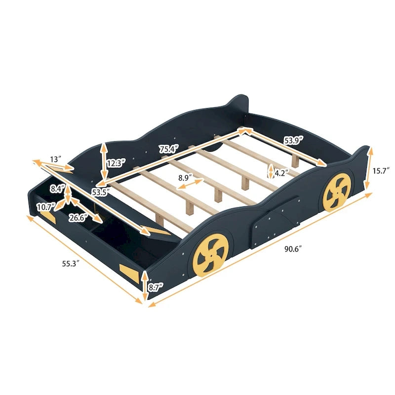 Lit Voiture de Course Entier en Pin avec Roues et Rangement